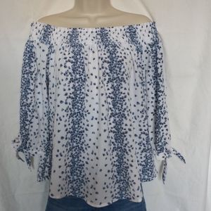 Large off the shoulder white with blue floral design Rue 21 blouse